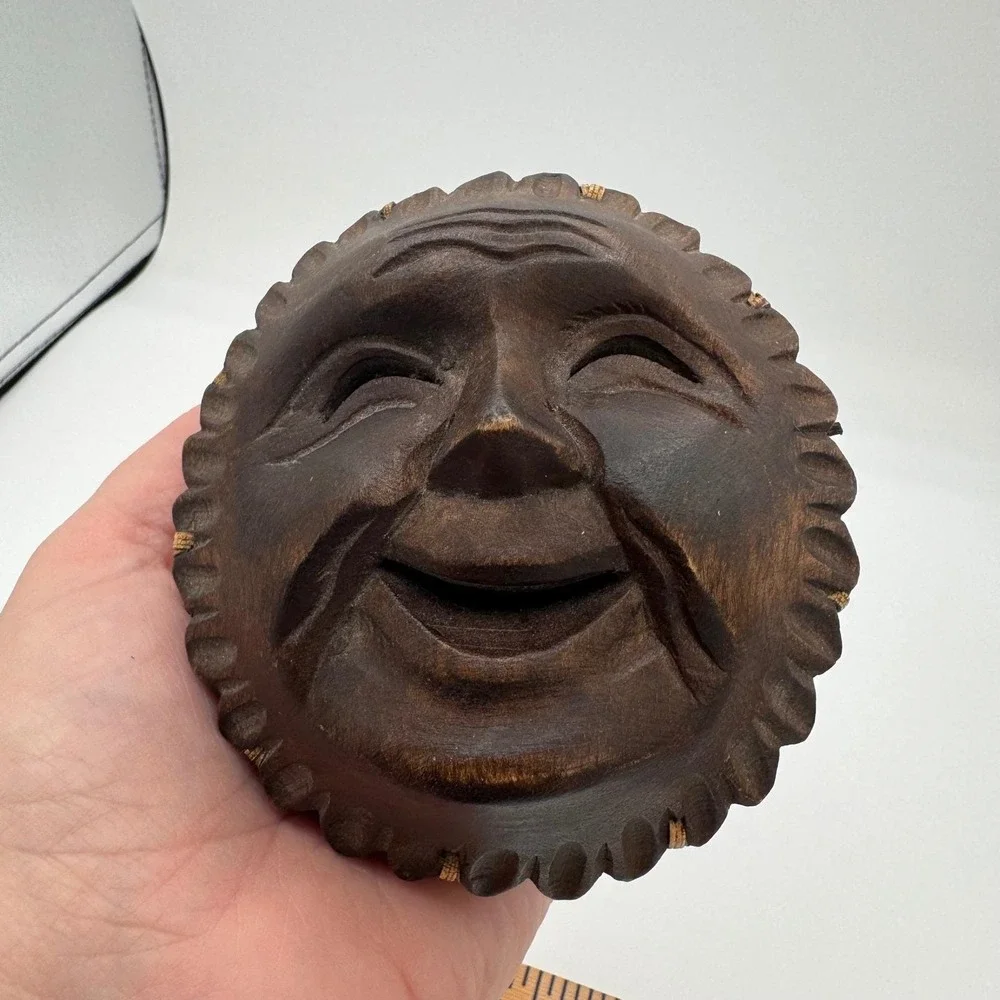 Vintage Hand Carved Wood Sun Face Trinket Box Woven Wicker Philippines Boho